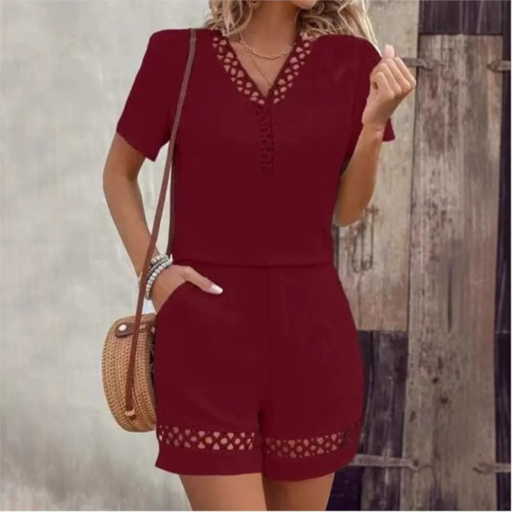 Fashion Lace V Neck Spliced Short Sleeve Women's Suit Casual Loose Home Wear Female Beach Vacation Shorts 2 Piece Set 2025