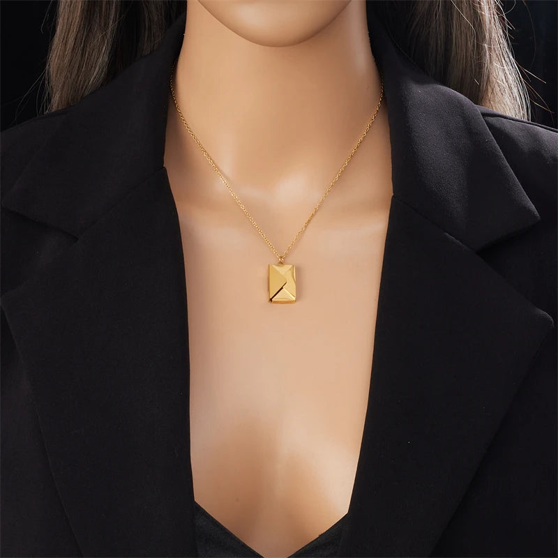 Stainless Steel Gold Color Envelope Pendant Necklace For Women