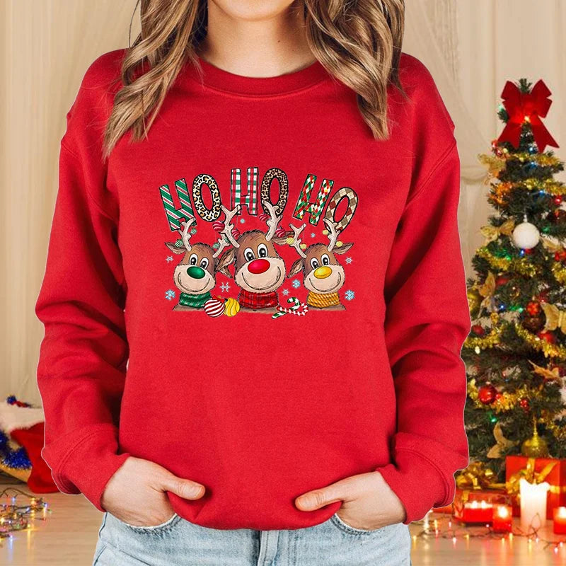 Women’s Merry Christmas Elk Sweatshirt – Cute Holiday Pullover, Fleece-Lined, Casual Winter Knit Top