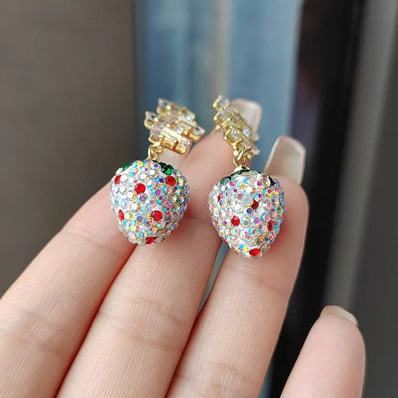 Trendy Strawberry Drop Earrings with Shiny Zircon Accents – Colorful Fruit-Inspired Jewelry for Women