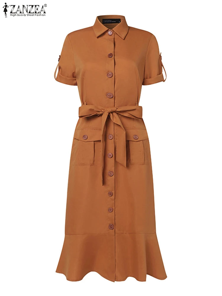 ZANZEA Summer Short Sleeve Lapel Neck Midi Dress