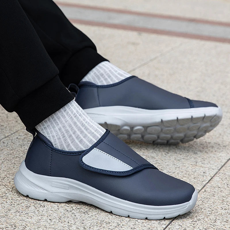 Men's Wide Fit Comfort Walking Shoes – Adjustable Hook & Loop Leather Sneakers for Swollen Feet, Breathable Orthopedic-Inspired Casual Shoes