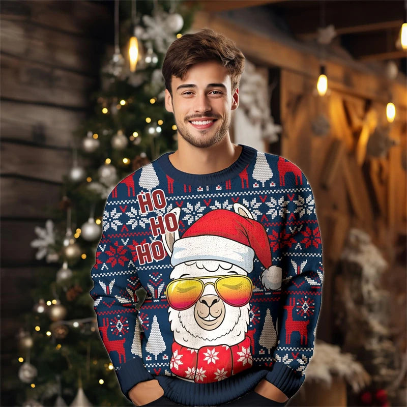 2026 Men’s Christmas Ugly Sweater – 3D Santa, Jesus & Alpaca Print | Funny Holiday Crewneck Sweatshirt (XS–6XL)