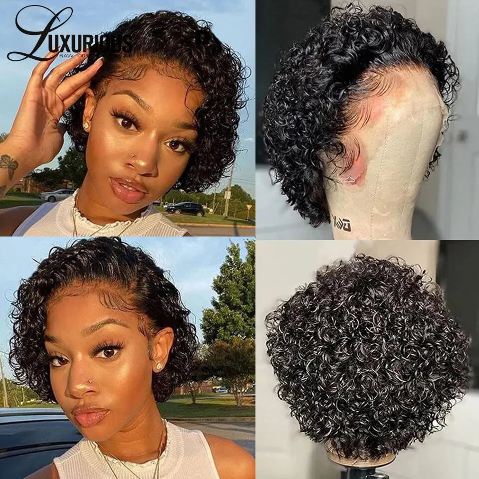 Short Curly Lace Front Human Hair Wigs For Women - Brazilian Water Wave