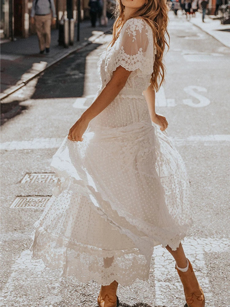 Elegant Vintage Boho Maxi Dress – White Lace with Short Sleeves, V-Neck, and Beachy Chic Vibes for Parties and Special Occasions