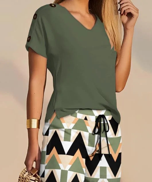 Kalenmos Women’s Summer 2-Piece Tracksuit – V-Neck Pullover Top & High-Waist Shorts with Pockets