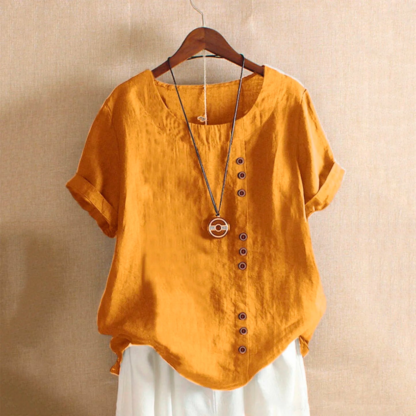 Summer Casual Linen Cotton Blouse Women / Elegant Button Short Sleeve Shirt