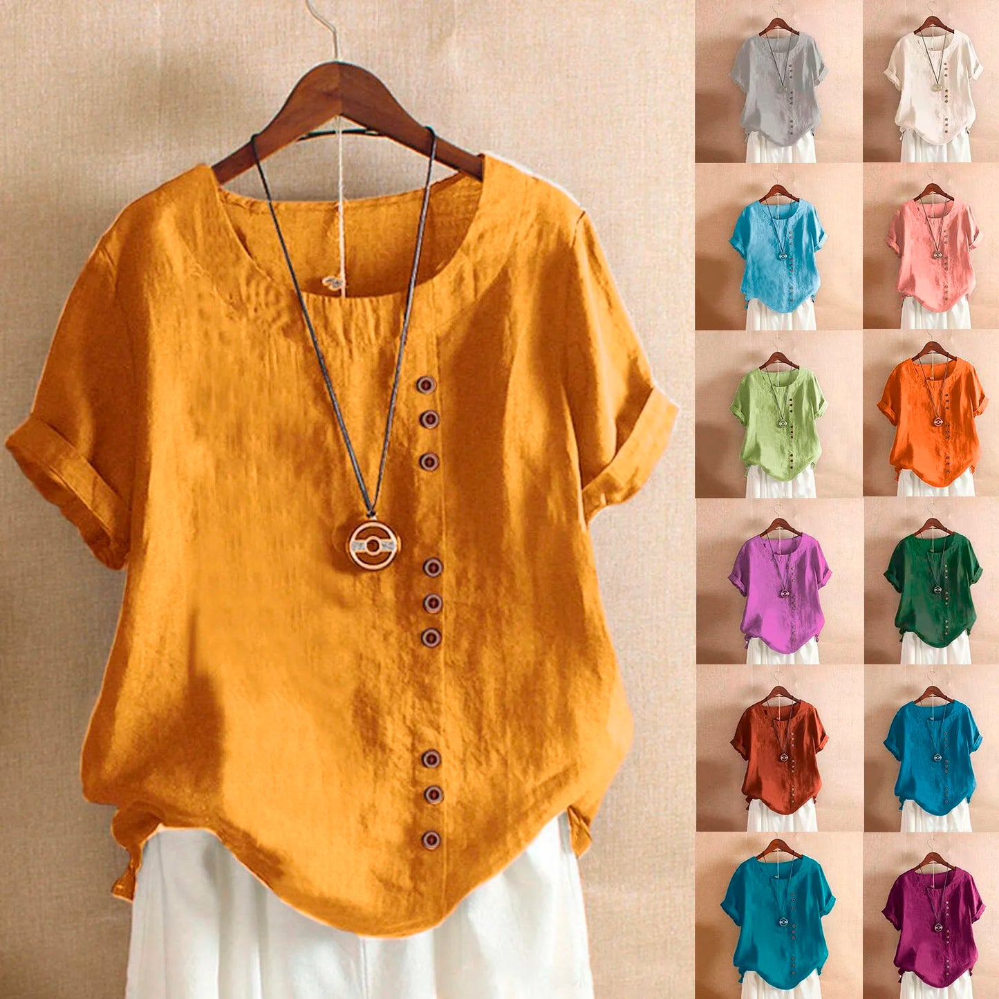 Summer Casual Linen Cotton Blouse Women / Elegant Button Short Sleeve Shirt