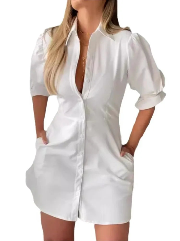 Chic Summer White Shirt Dress: Lantern Sleeves, High Waist, Casual Elegance