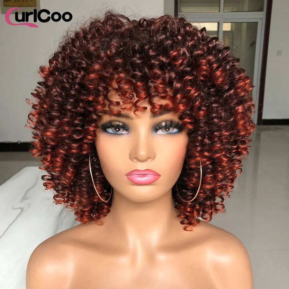 Short Afro Kinky Curly Wigs With Bangs For Black Women - Synthetic Ombre Natural Heat Resistant Hair