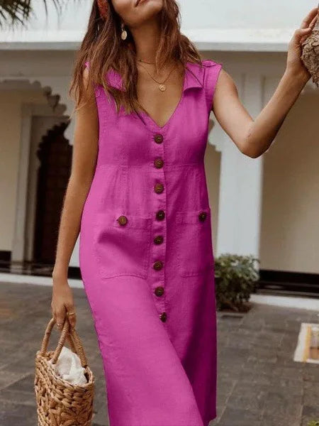 MsChuh Summer Linen Blend Midi Dress for Women – Sleeveless, Vintage-Inspired, Casual Chic