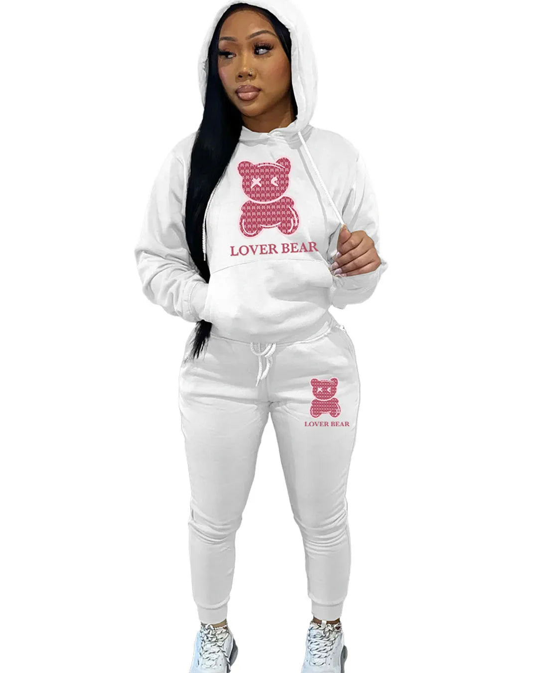 Bear Letter Print Kangaroo Pocket Tracksuit Set Long Sleeve Hoodie+Drawstring Trousers Women Two Pieces Matching Suits