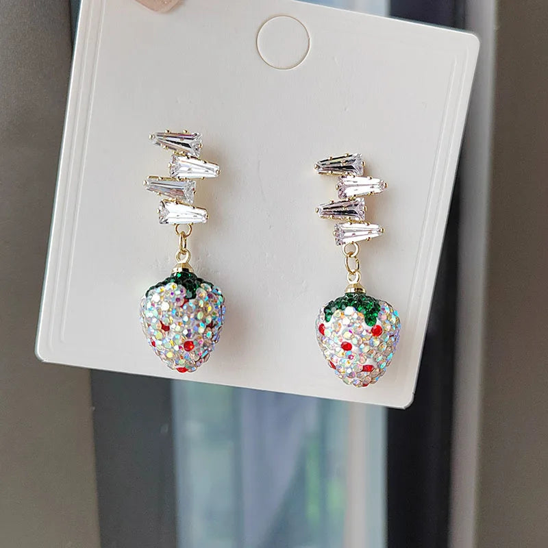 Trendy Strawberry Drop Earrings with Shiny Zircon Accents – Colorful Fruit-Inspired Jewelry for Women