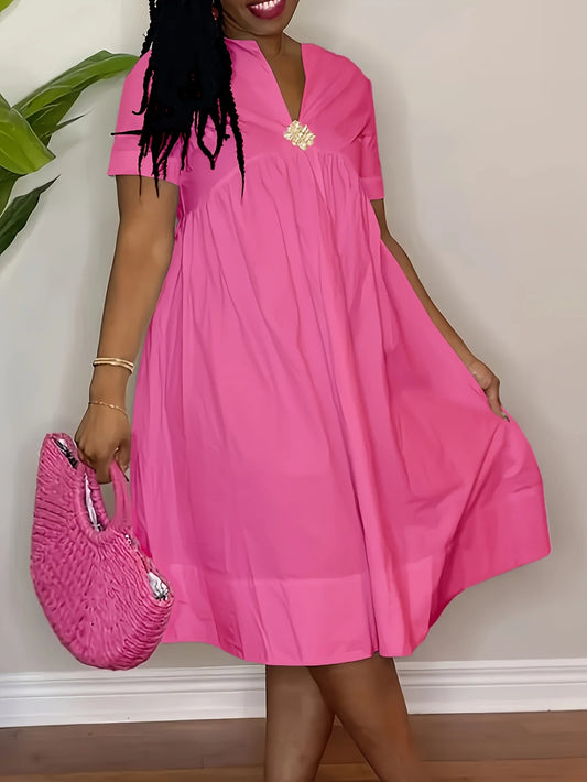 Women’s Casual V-Neck A-Line Shirt Dress – Cinched Waist, Short Sleeves, All-Season Comfort
