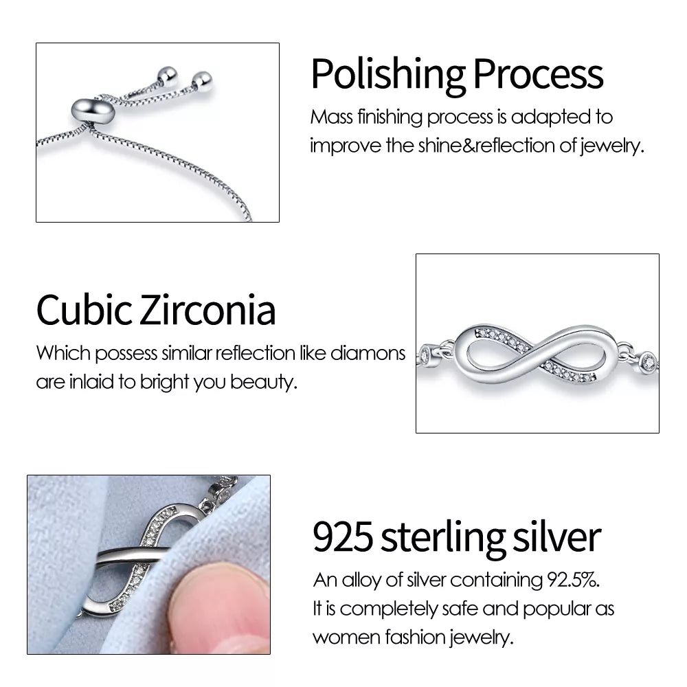 PANDACH Sterling Silver Infinity Adjustable Bracelet For Women