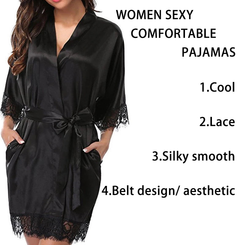 Women Iace Silk Pajamas Robes Sleepwear Nightgowns Half Sleeve