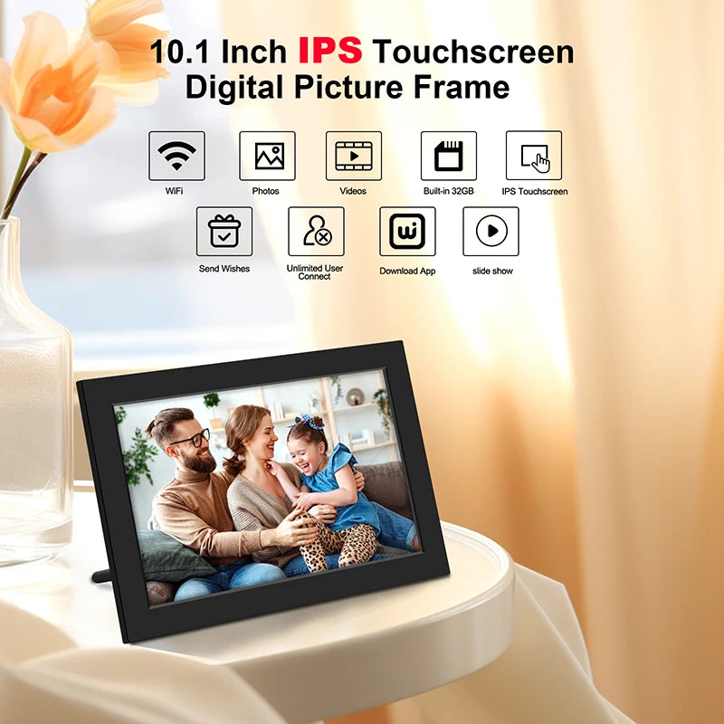 10.1-Inch WiFi Digital Photo Frame – 32GB Smart Frame with 1280x800 HD IPS Touch Screen, Video Playback, MP3, Calendar Function, and 350 Lumens Brightness – Perfect Gift