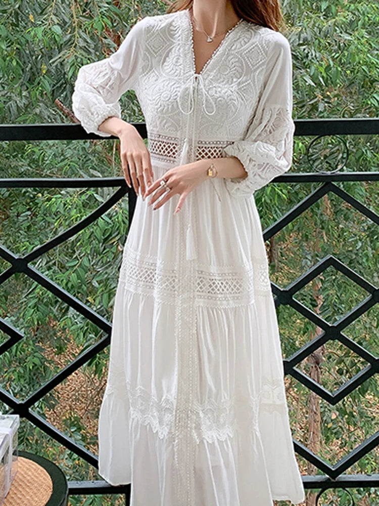 White Boho Lace Long Dress for Women - Summer Vintage Beach Style