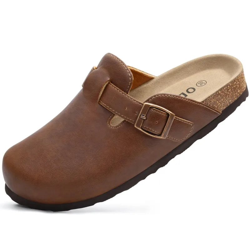 Kidmi New Men Sandals Vegan Leather Cork Insole Potato Shoes Unisex Adjustable Buckle Slip-On Clogs with Arch Support
