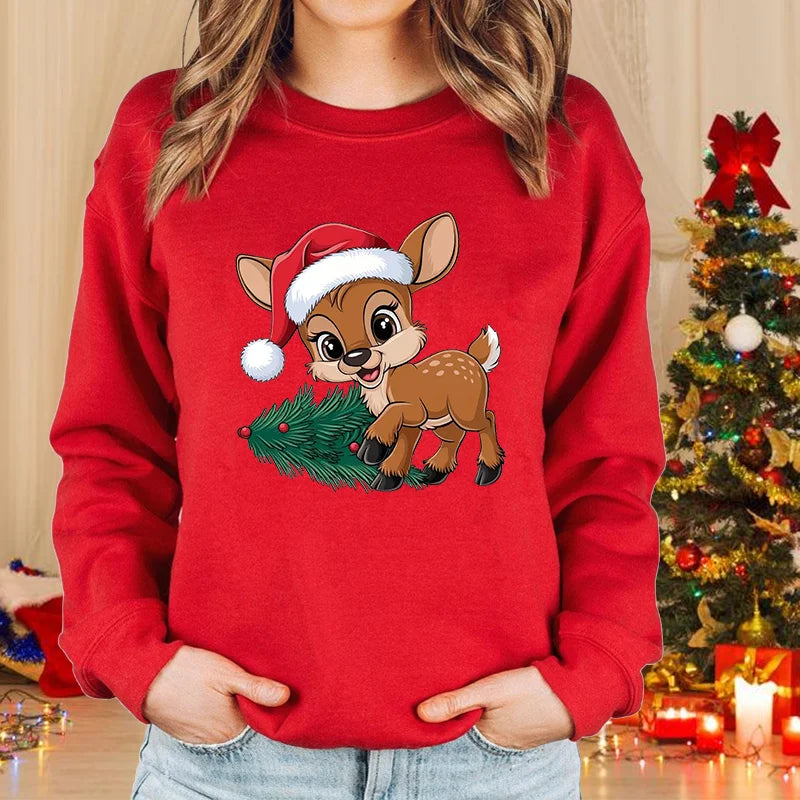 Women’s Merry Christmas Elk Sweatshirt – Cute Holiday Pullover, Fleece-Lined, Casual Winter Knit Top