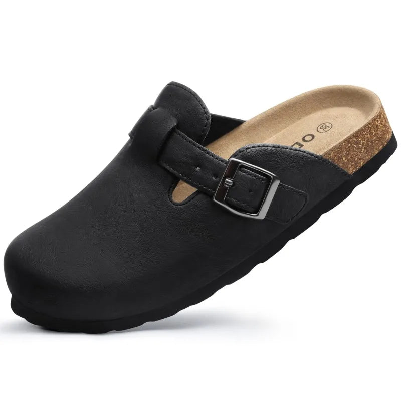 Kidmi New Men Sandals Vegan Leather Cork Insole Potato Shoes Unisex Adjustable Buckle Slip-On Clogs with Arch Support
