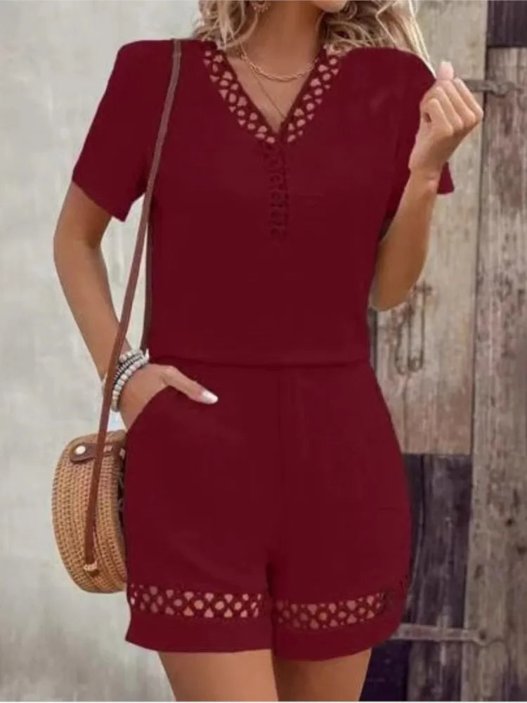 Fashion Lace V Neck Spliced Short Sleeve Women's Suit Casual Loose Home Wear Female Beach Vacation Shorts 2 Piece Set 2025
