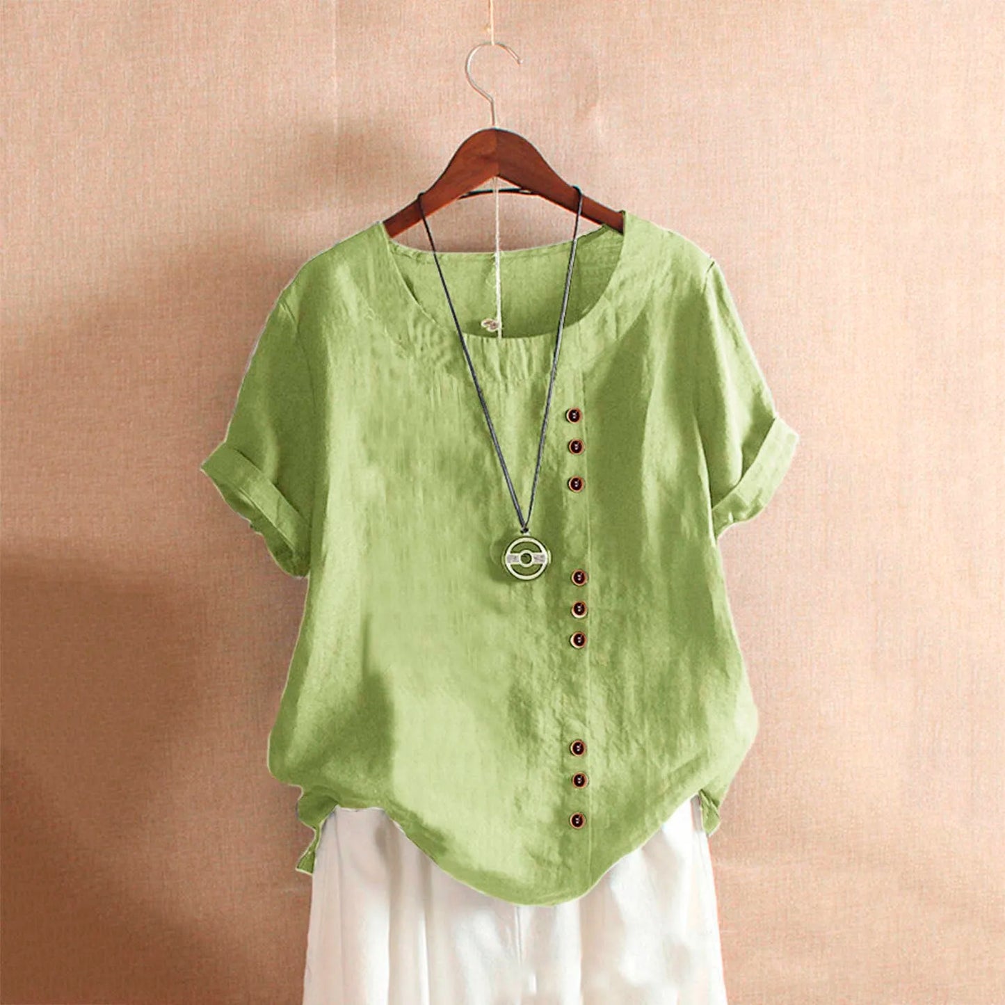 Summer Casual Linen Cotton Blouse Women / Elegant Button Short Sleeve Shirt