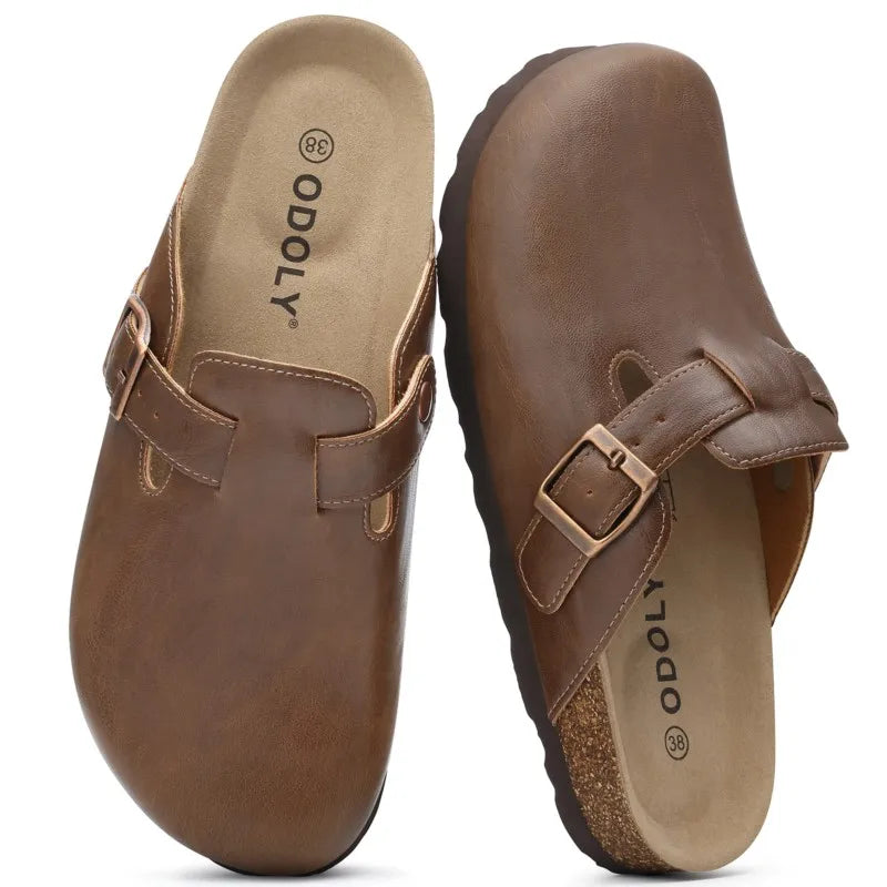 Kidmi New Men Sandals Vegan Leather Cork Insole Potato Shoes Unisex Adjustable Buckle Slip-On Clogs with Arch Support