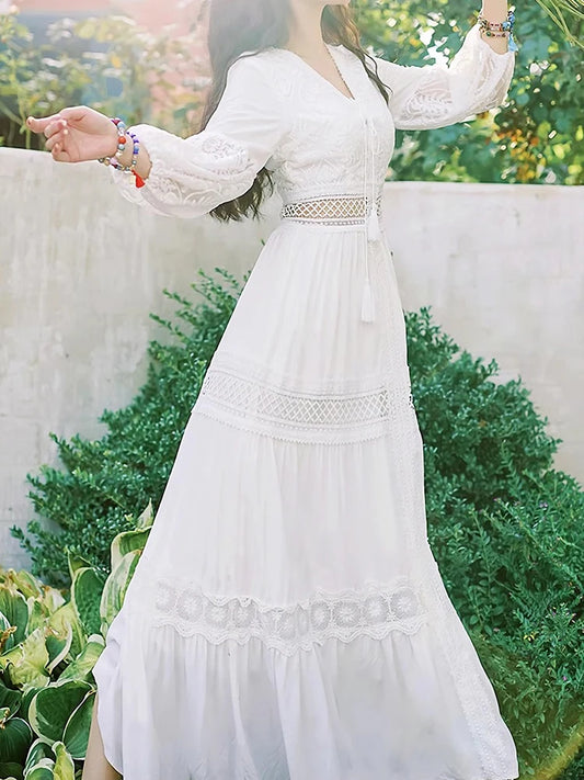 Vintage White Lace Boho Maxi Dress for Summer