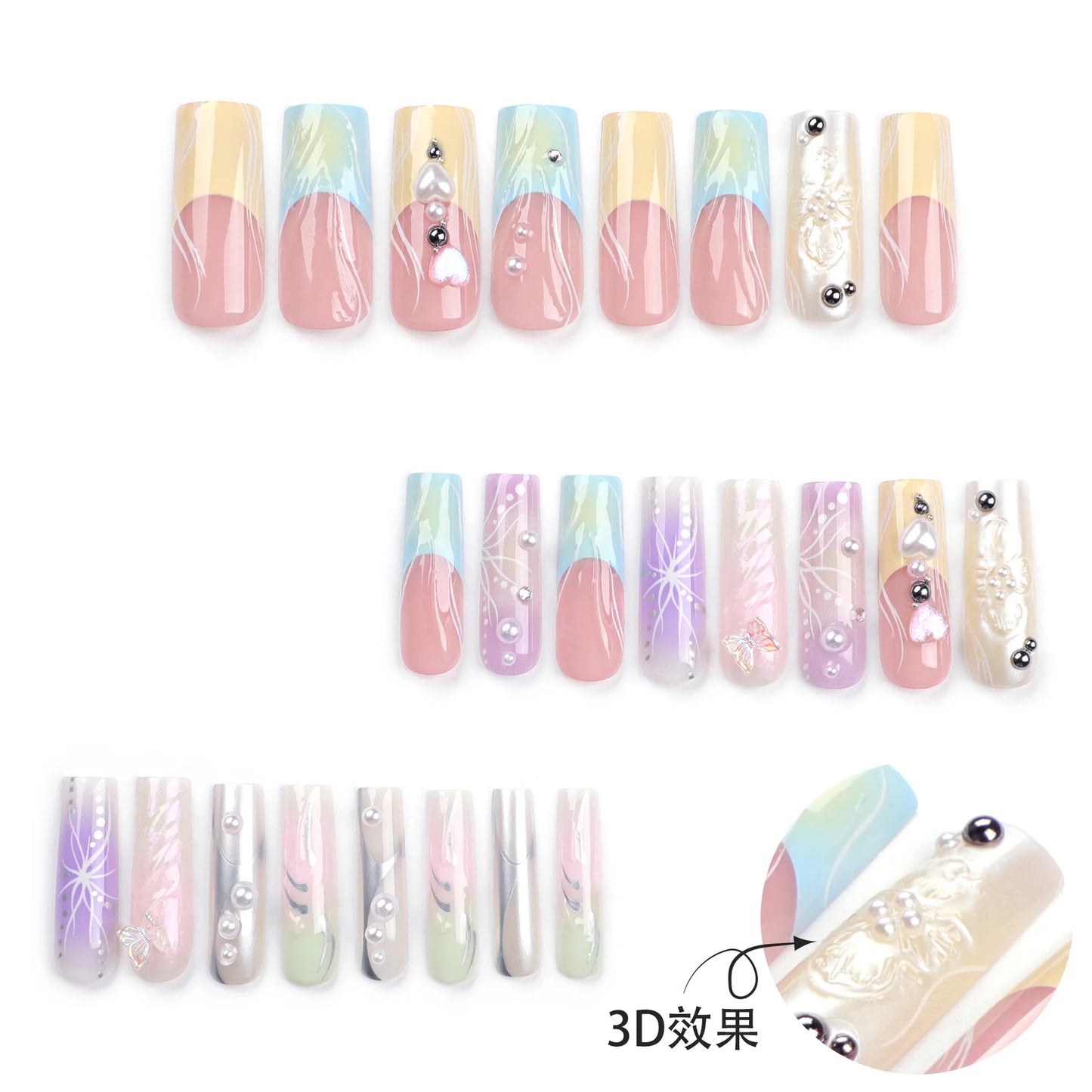 Transform your nails with our 24-piece set of French 3D Colourful False Nails! Featuring Gradient Y2K Butterfly Square Nail Art, these Artificial Nails come with adhesive for easy application