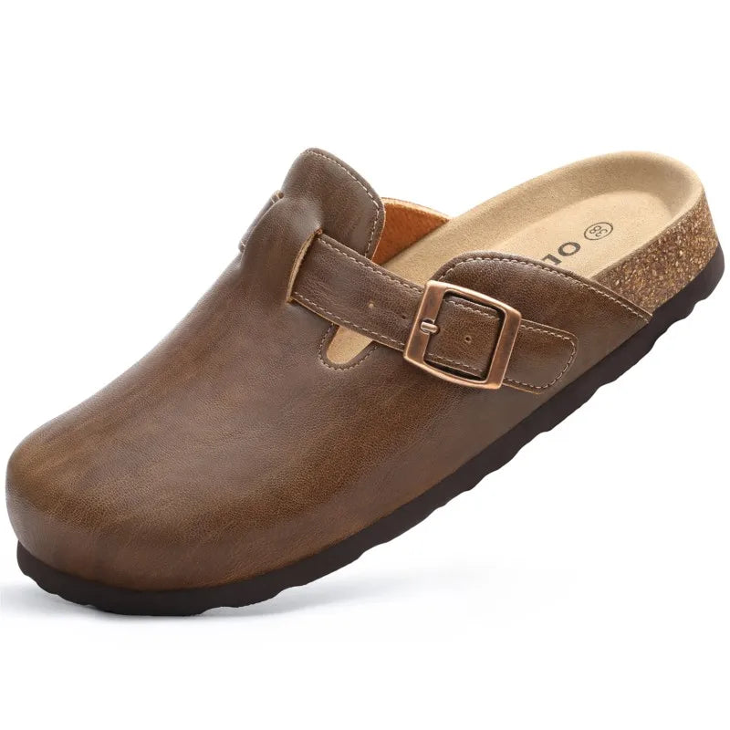 Kidmi New Men Sandals Vegan Leather Cork Insole Potato Shoes Unisex Adjustable Buckle Slip-On Clogs with Arch Support