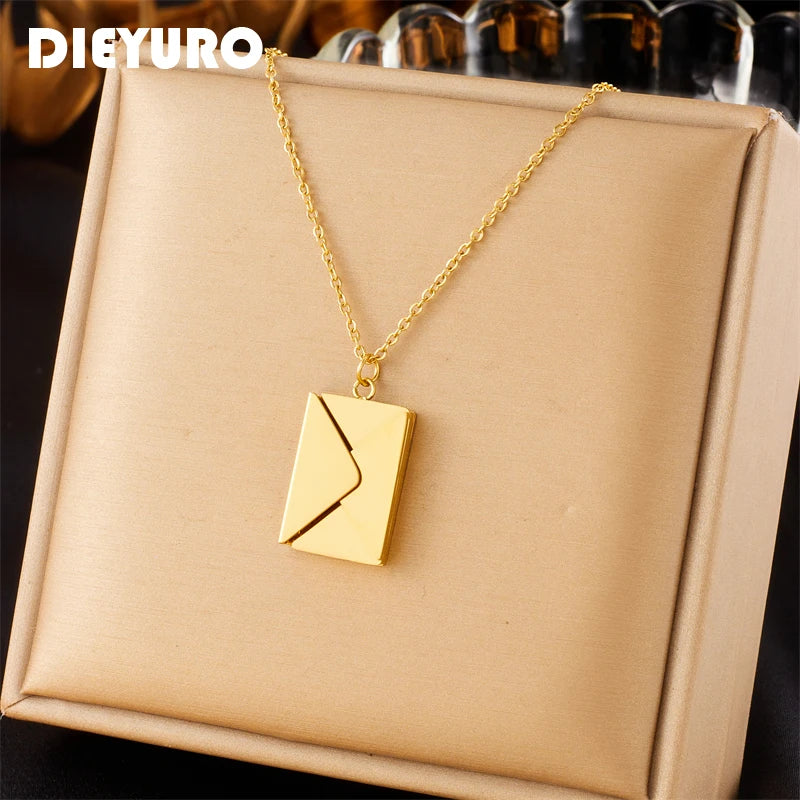 Stainless Steel Gold Color Envelope Pendant Necklace For Women