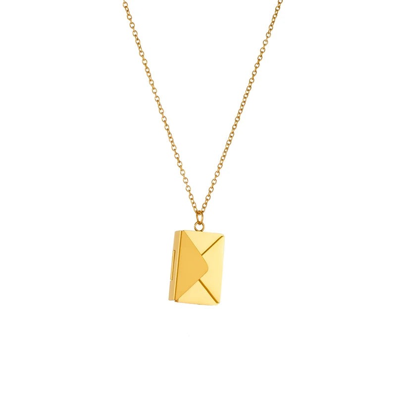 Stainless Steel Gold Color Envelope Pendant Necklace For Women