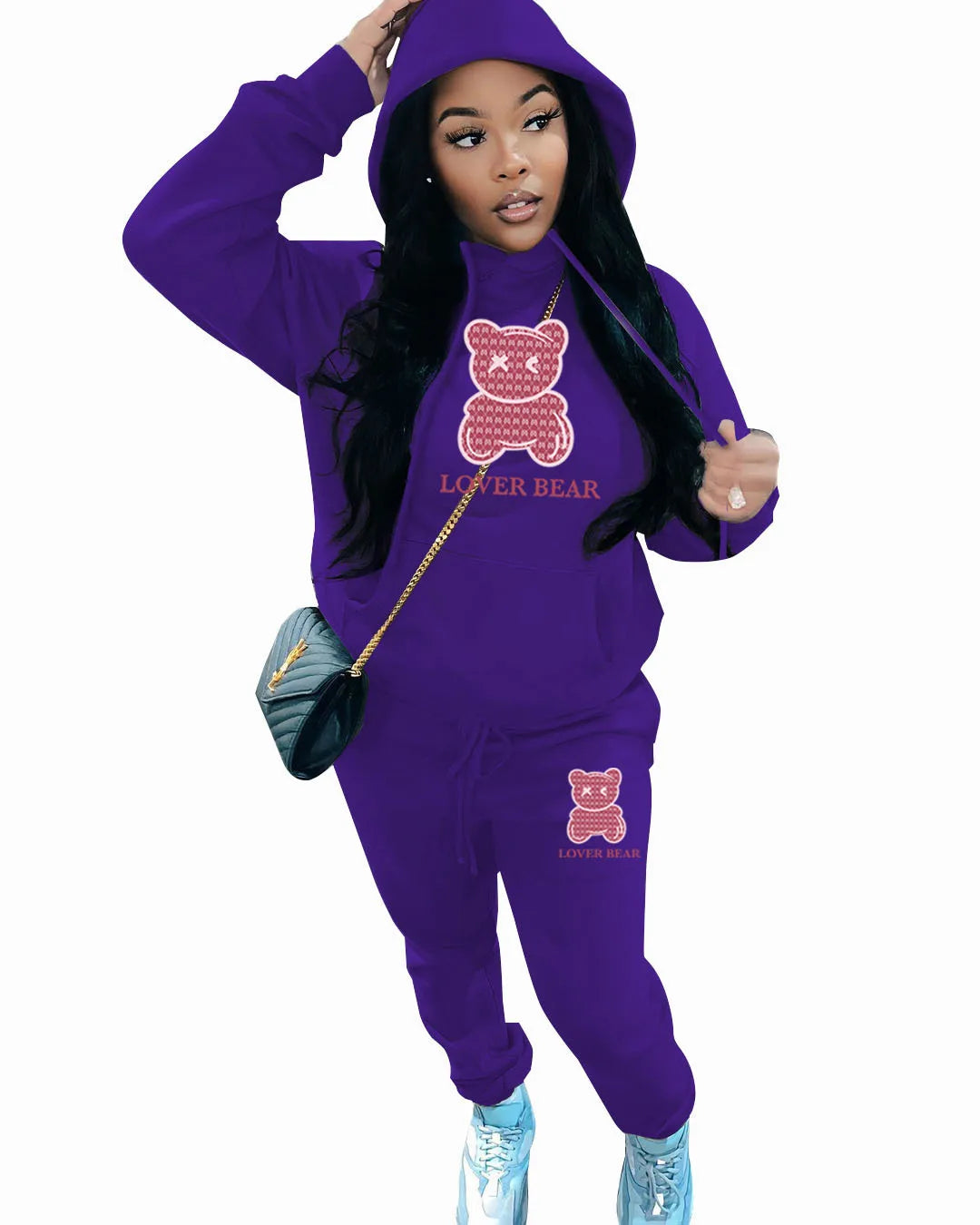 Bear Letter Print Kangaroo Pocket Tracksuit Set Long Sleeve Hoodie+Drawstring Trousers Women Two Pieces Matching Suits