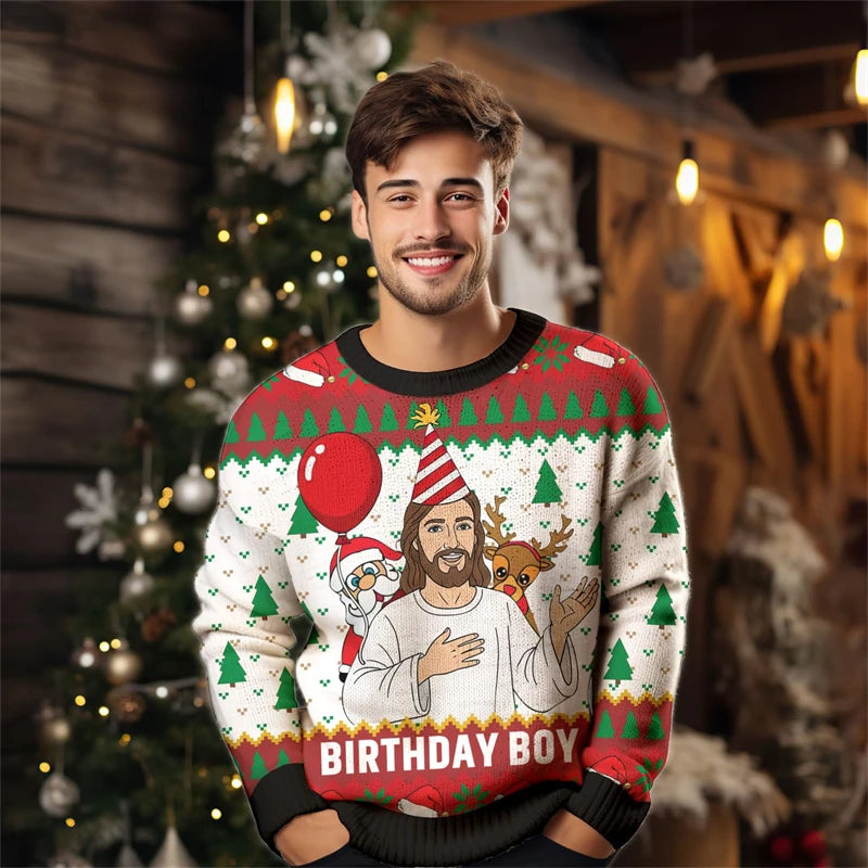 2026 Men’s Christmas Ugly Sweater – 3D Santa, Jesus & Alpaca Print | Funny Holiday Crewneck Sweatshirt (XS–6XL)