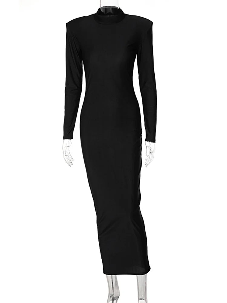 Hugcitar Solid Long Sleeve With Shoulder Pads Turtleneck Maxi Dress