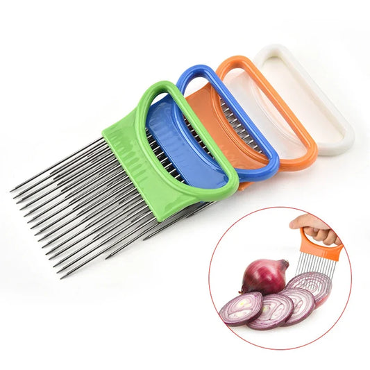 Stainless Steel Onion Needle / Fruit Slicer Tomato Cutter Cutting Safe Aid Holder Kitchen Accessories Tools