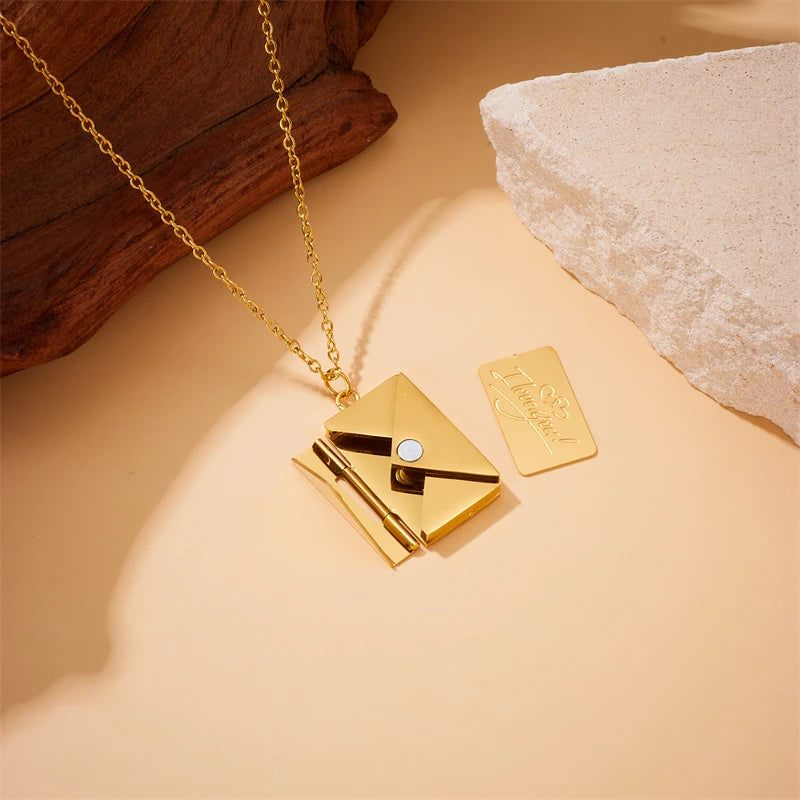 Stainless Steel Gold Color Envelope Pendant Necklace For Women