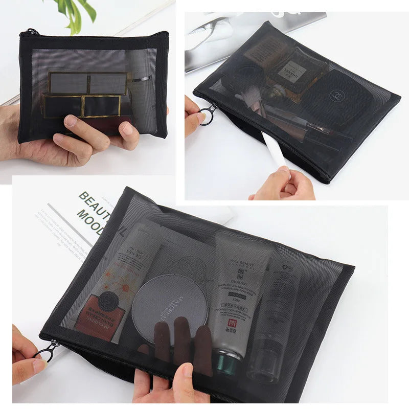 Large Capacity Portable Outdoor Travel Makeup Bag – Black Transparent Mesh Storage Tote for Home Organization