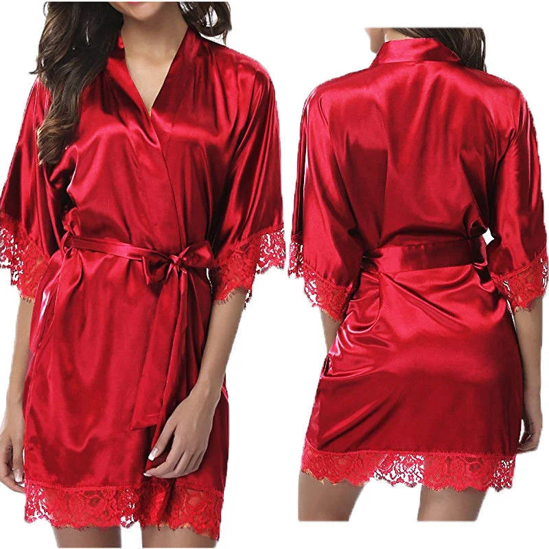 Women Iace Silk Pajamas Robes Sleepwear Nightgowns Half Sleeve