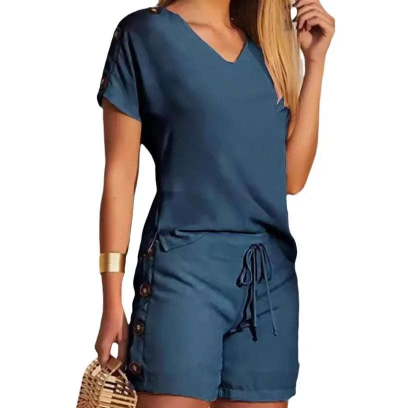 Kalenmos Women’s Summer 2-Piece Tracksuit – V-Neck Pullover Top & High-Waist Shorts with Pockets