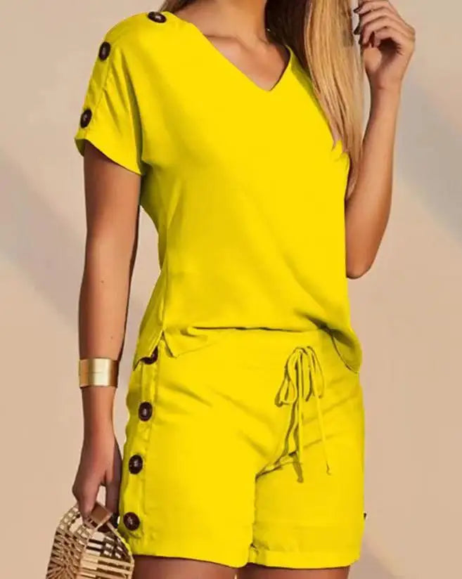 Kalenmos Women’s Summer 2-Piece Tracksuit – V-Neck Pullover Top & High-Waist Shorts with Pockets