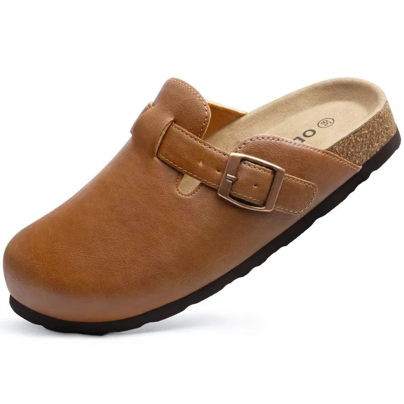 Kidmi New Men Sandals Vegan Leather Cork Insole Potato Shoes Unisex Adjustable Buckle Slip-On Clogs with Arch Support