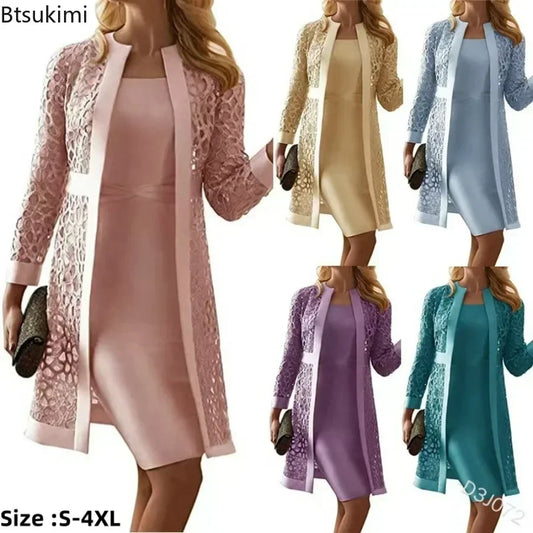 2025 Elegant Women's Dress Suit Set – 2-Piece Lace Cardigan & Knee-Length Sheath Dress for Office, Parties, and Special Occasions
