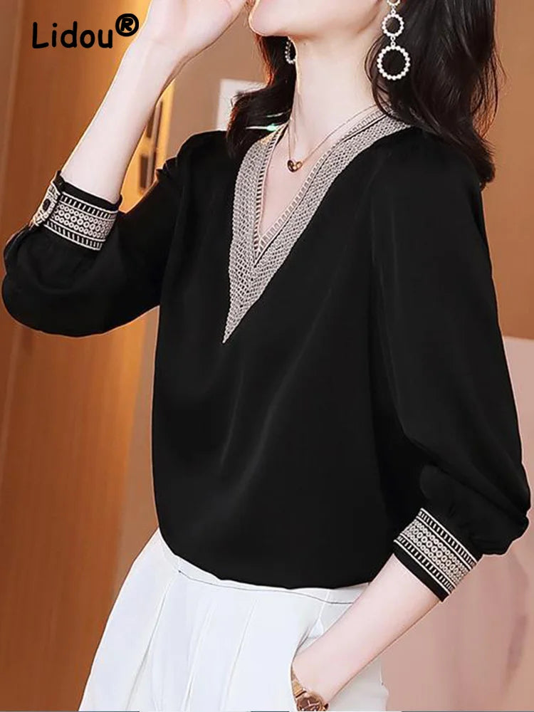 Elegant Fashion V-neck Embroidery Hollow Out Dignified Shirt