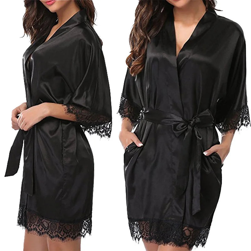 Women Iace Silk Pajamas Robes Sleepwear Nightgowns Half Sleeve