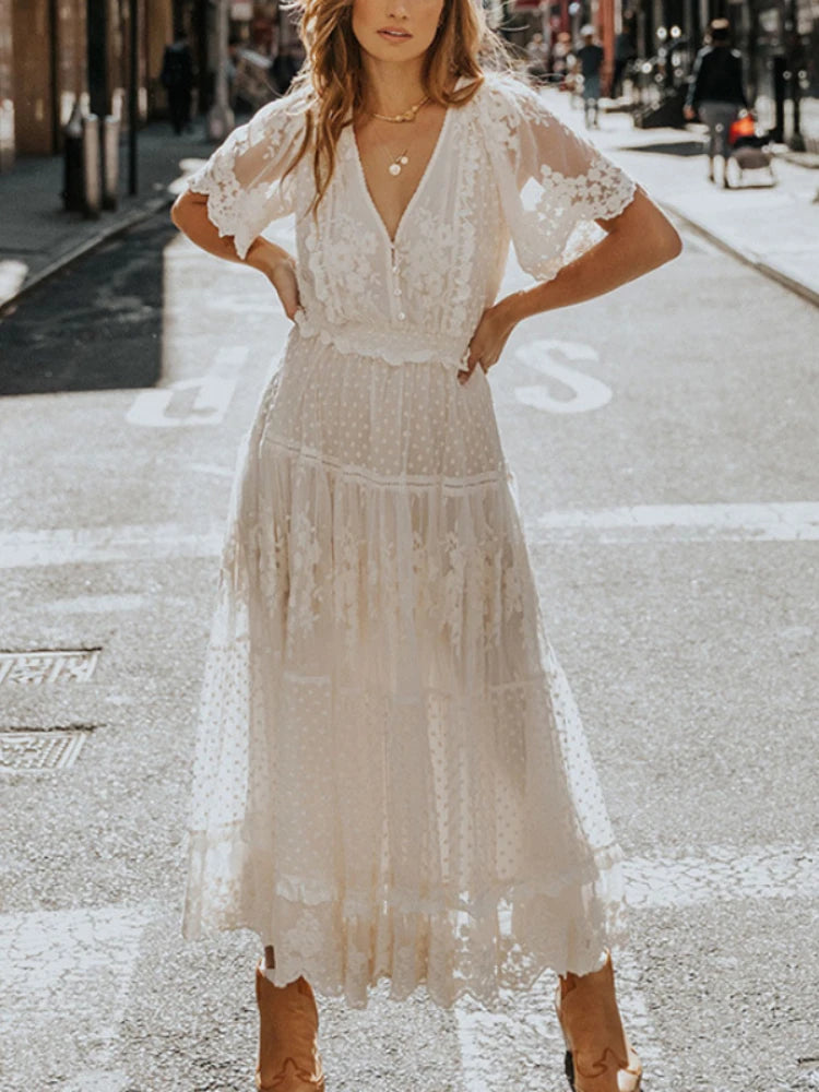 Elegant Vintage Boho Maxi Dress – White Lace with Short Sleeves, V-Neck, and Beachy Chic Vibes for Parties and Special Occasions