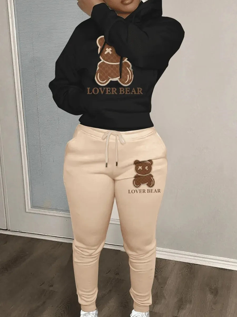 Bear Letter Print Kangaroo Pocket Tracksuit Set Long Sleeve Hoodie+Drawstring Trousers Women Two Pieces Matching Suits