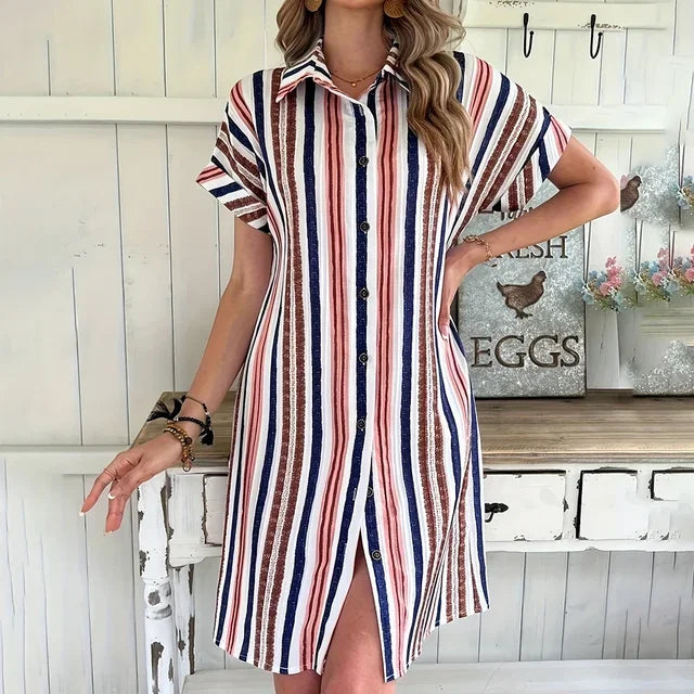 Women's Casual Striped Mini Dress – Loose Fit Short Sleeve Summer Shirt Dress with Lapel Collar for Beach, Vacation & Everyday Wear