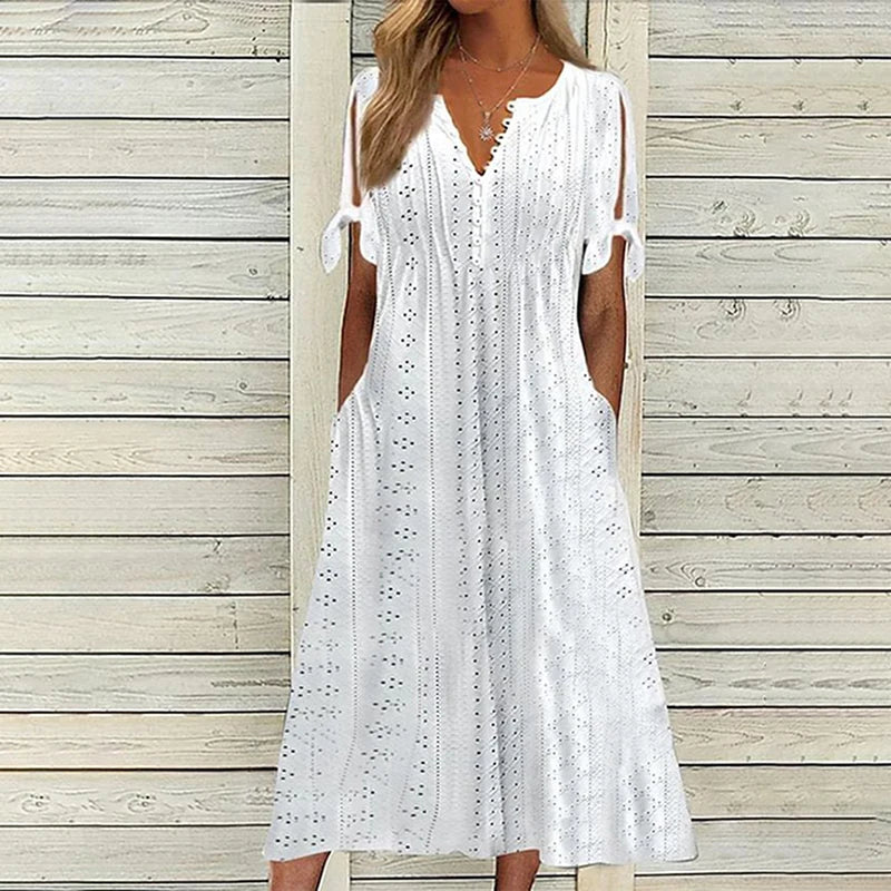 Hollow Out Lace Long Dress for Women - Summer 2024 V-Neck Casual Beach Dress